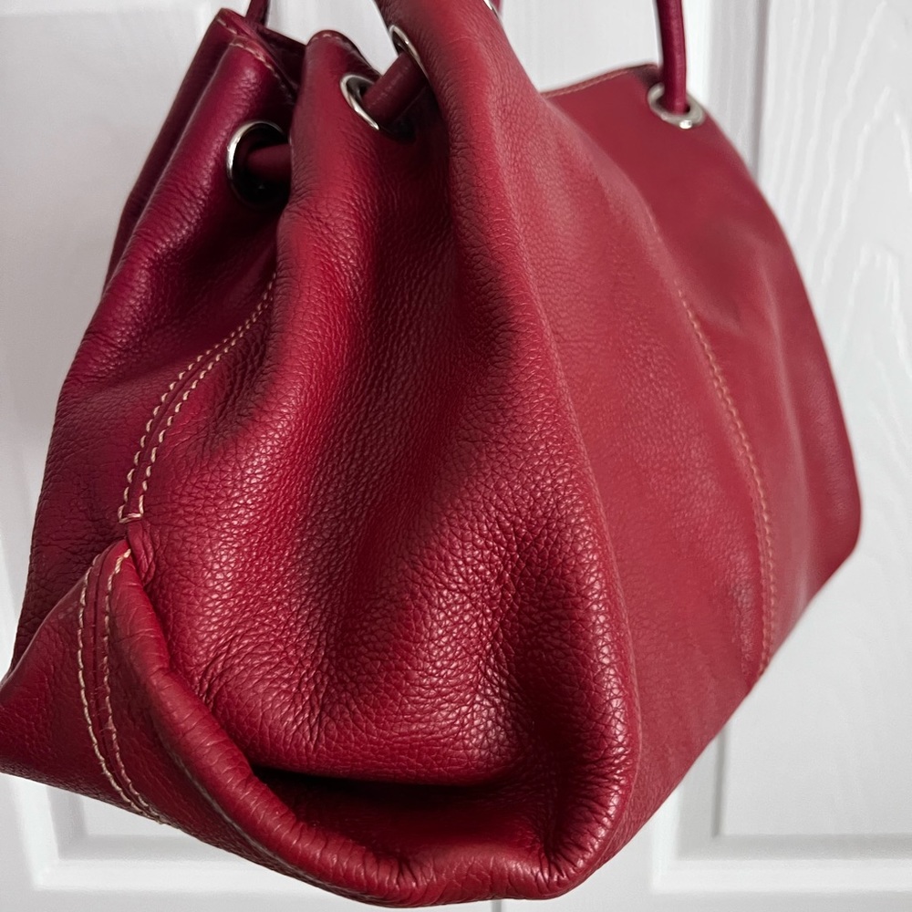 Red Leather Pouch Double Handle Draw String Handb… - image 3